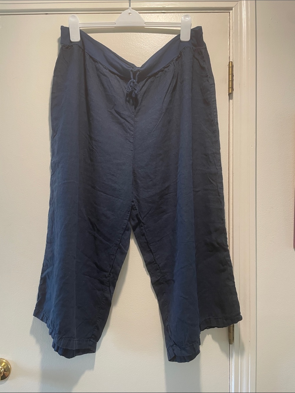 Flax Navy Blue Capris or Cropped Drawstring Waist Linen Blend